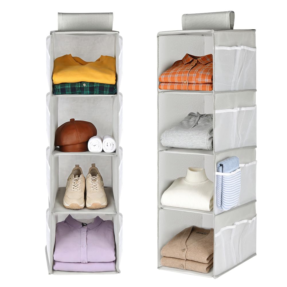 AOOWU Hanging Wardrobe Storage Organiser, 4 Shelves Wardrobe Closet Organiser with Side Pockets, Over Door Organizer, Closet Hanging Shelf, Foldable Wardrobe Clothes Organiser for Bedroom Nursery
