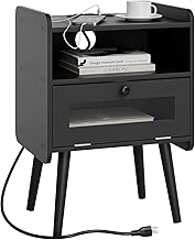 منضدة سرير مع درج تخزين ورف خشبي مفتوح من فورنيفليكس، لون أسود