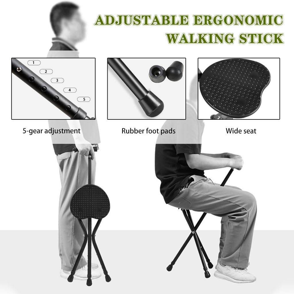 Bastón Taburete De Caña Duradero De Aleación De Aluminio, Bastón Ajustable En Altura De 5 Niveles, Muletas con Asiento Resistente con Luz LED, para Senderismo, Excursiones(Red Color)