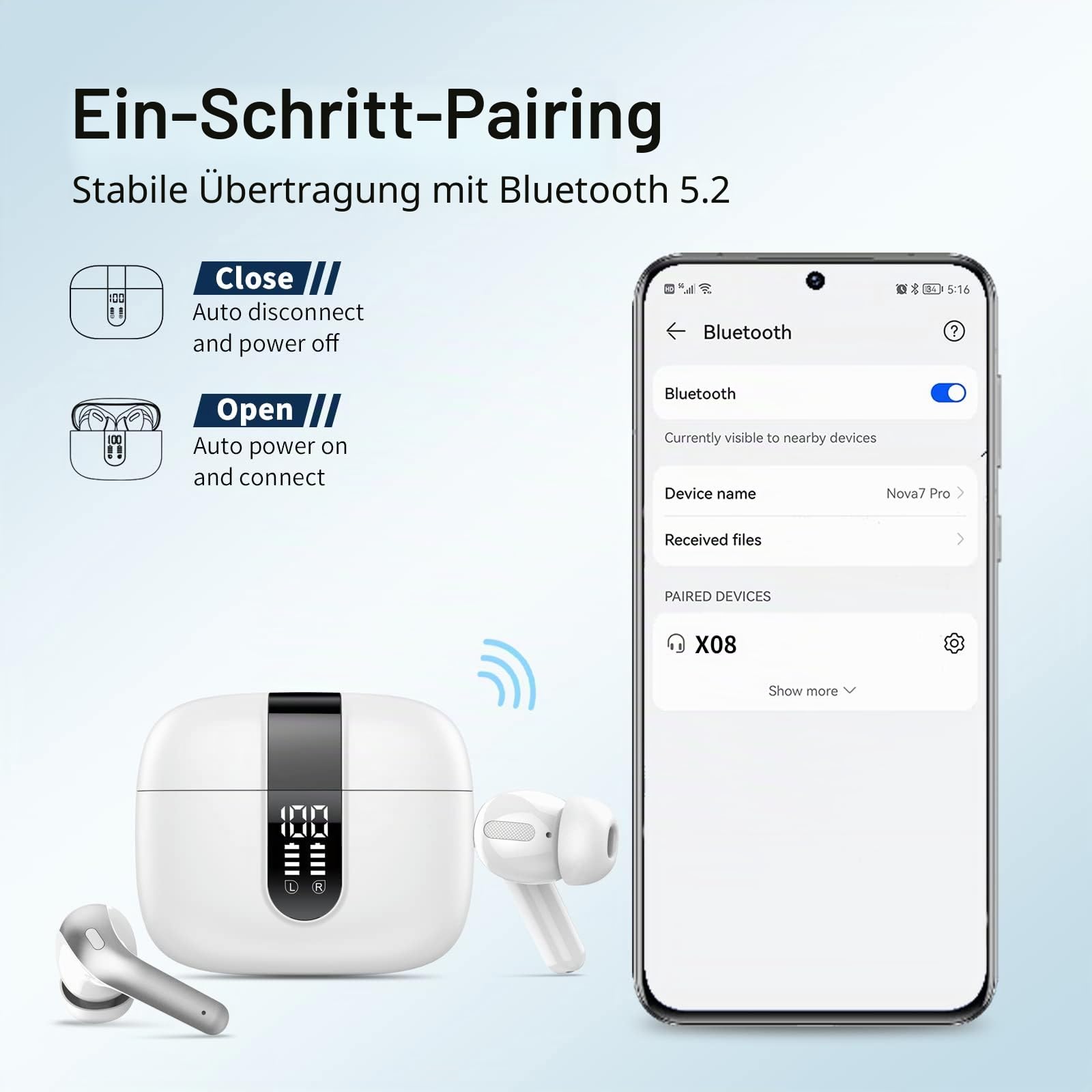 Kopfhörer Kabellos Bluetooth, Bluetooth Kopfhörer Mit Mikrofon, In Ear Kopfhörer Bluetooth 5.2 IPX7 Wasserdicht 40h Spielzeit Kabellose Kopfhörer USB C for iOS Android
