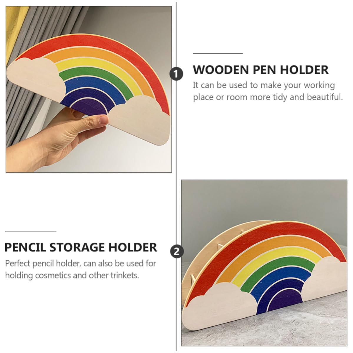 Organizador de Escritorio Creativo Forma de Arcoíris de Madera Caja de Almacenamiento y Portalápices para Bolígrafos para Oficina y Lugar de Trabajo