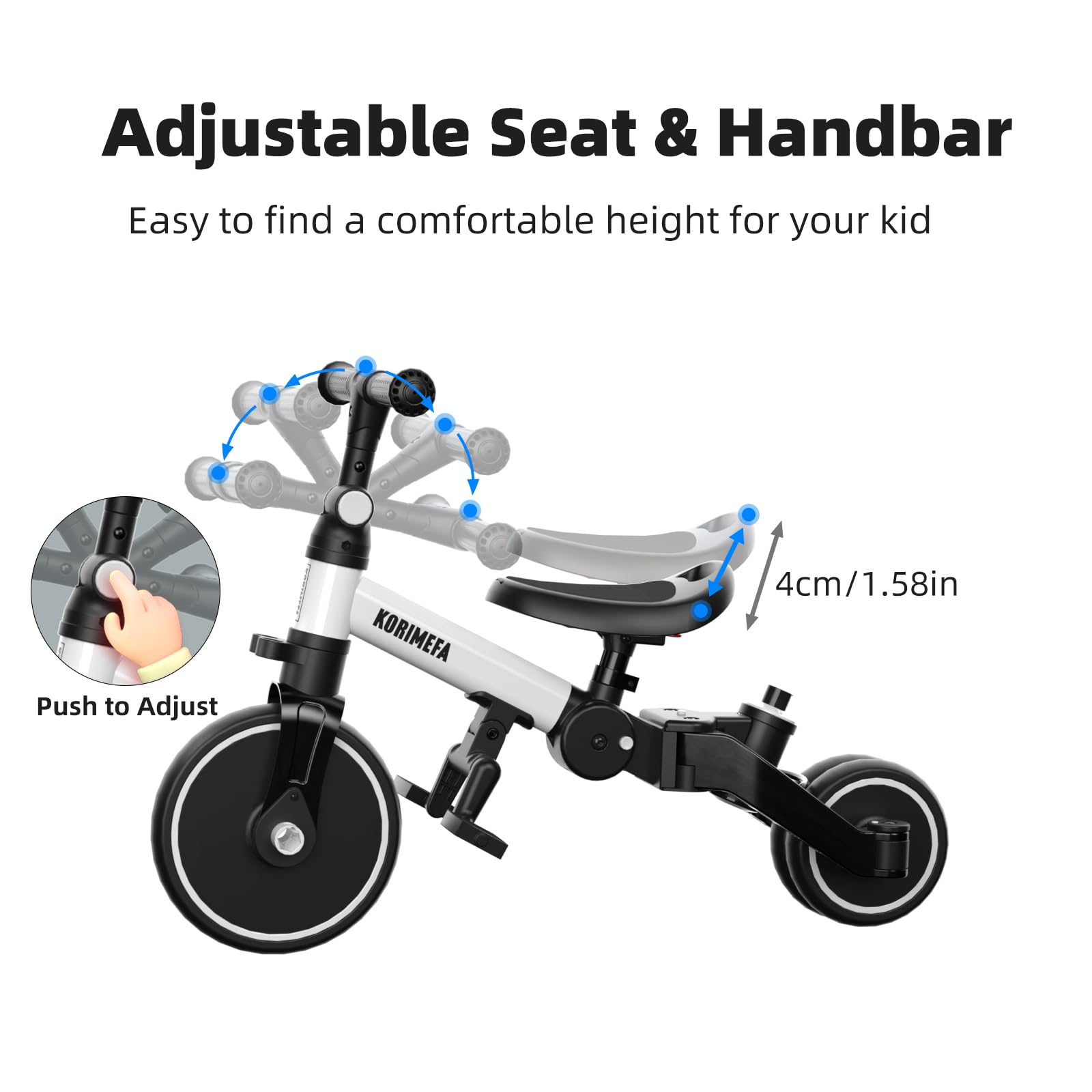 KORIMEFA Vélo d'équilibre pour Enfants, Tricycle à 3 Roues pour Enfants de 1 à 3 Ans, poignée de poussée, pédale Amovible, Dossier, poignée de Direction pour Les Parents, Premier Anniversaire (Blanc)
