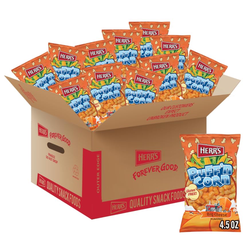 Herr's Cheesy Hulless Puff'n Corn, 4.5 Ounce (Pack of 12 Bags) – Light, Cheesy Puffed Corn with No Hulls – Great for Mess-Free Snacking