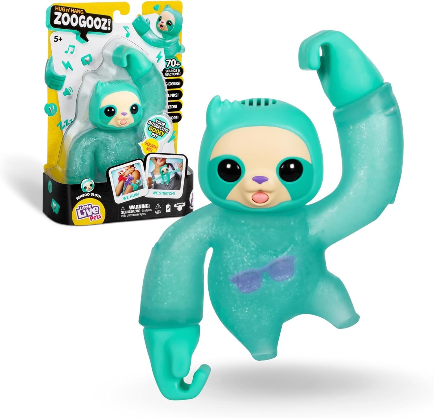Little Live Pets Hug n' Hang Zoogooz Sensoo Sloth, Soft and Elastic Pet, +70 Sounds and Reactions, 3 Different to Collect, Hidden Amulet, for Children from 2 Years +, Famosa