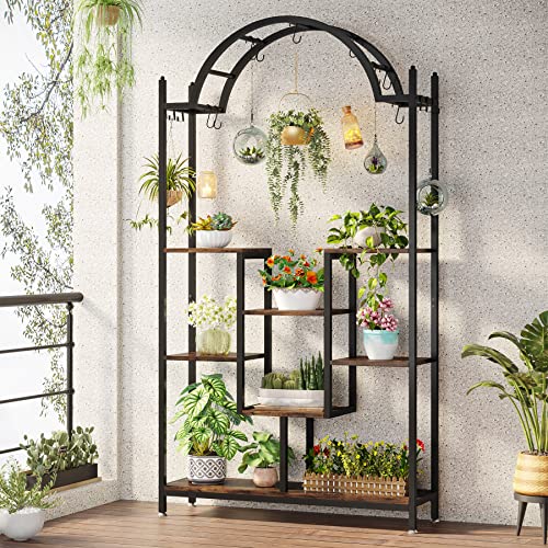 Image of Tribesigns 5-Tier Tall Indoor Plant Stand, 74.8'' Arched Metal Flower Shelf with Hanging Hooks, Large Bonsai Pots Display Rack for Indoor, Balcony, Living Room