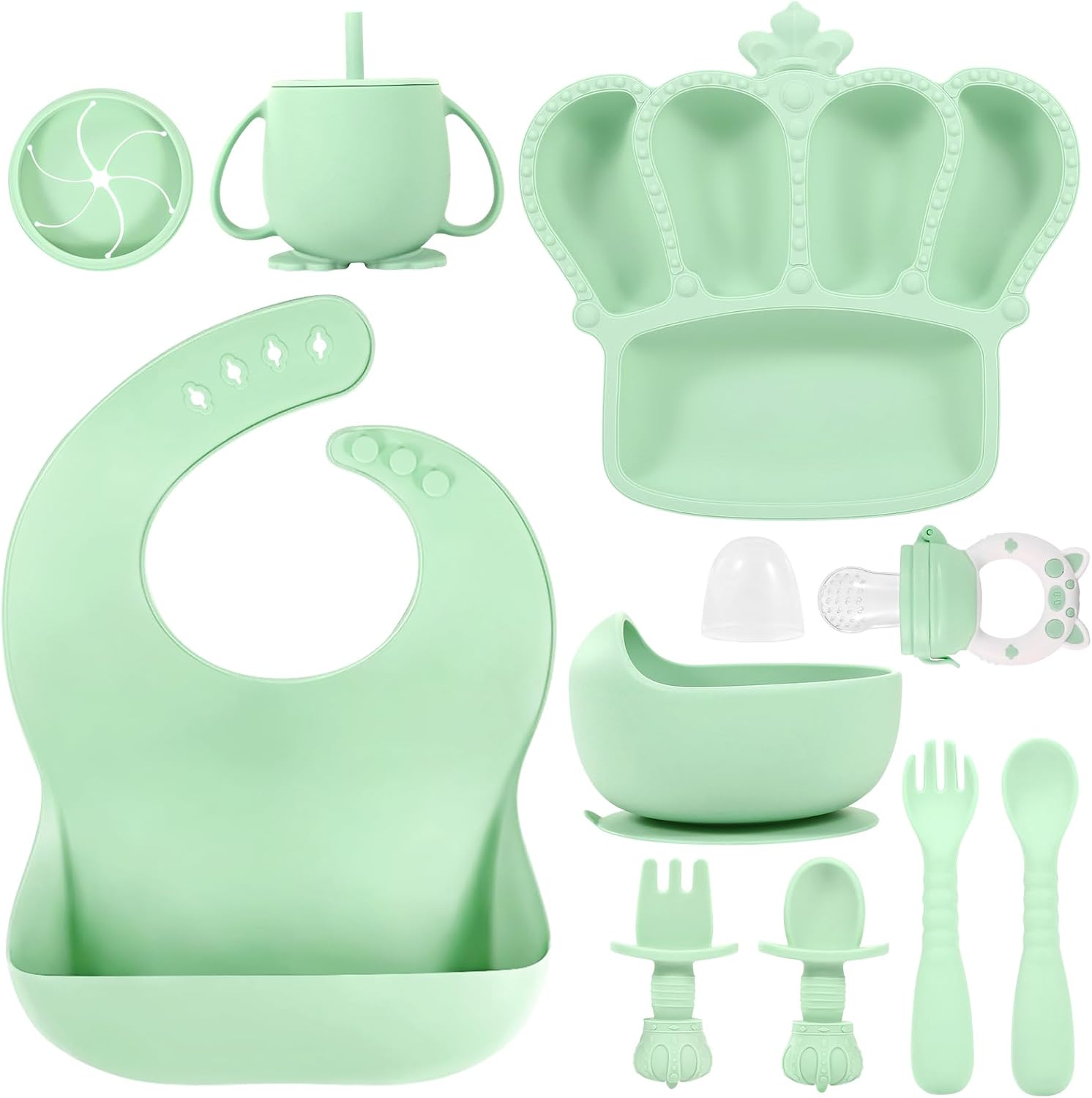 BXLL 10 Pcs Green Silicone Baby Feeding Set – Baby Led Weaning Supplies with Suction Bowl, Divided Plate, Bibs, Fruit Feeder, Pacifier, Spoons, Forks, Sippy Cup & Snack Cup