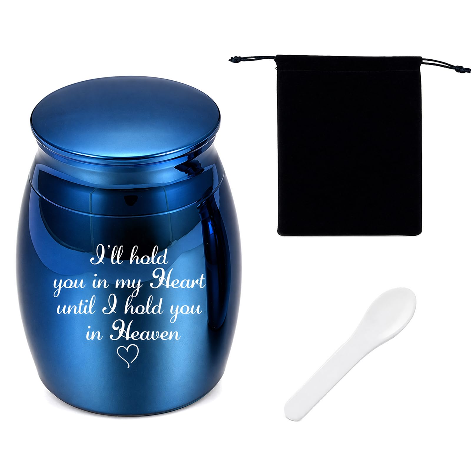 KIPTVO Small Urns for Human Ashes, Alloy Mini Urn with Velvet Bag and Spoon, Ashes Keepsake Memorial Holder, Pet Urn, Small Ashes Urn for Cremation Remembrance, Blue 30x40mm