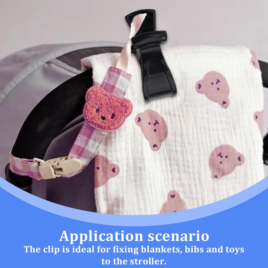 SGERUFZ 4Pcs Attache Poussette Universel pour Fixation de Couvertures, Vêtements, Jouets, Accessoires de Poussette (Noir)