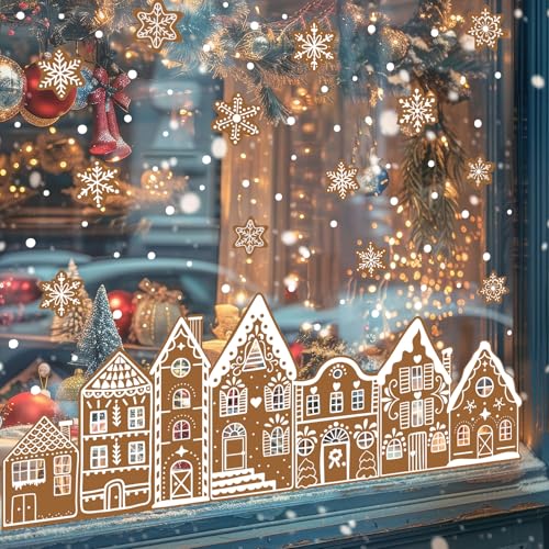 Whaline Christmas Gingerbread Window Cling Stickers Window Decals Brown Gingerbread House Snowflake Reusable Decoration for Xmas Winter Holiday Party Home Classroom 2 Sheets