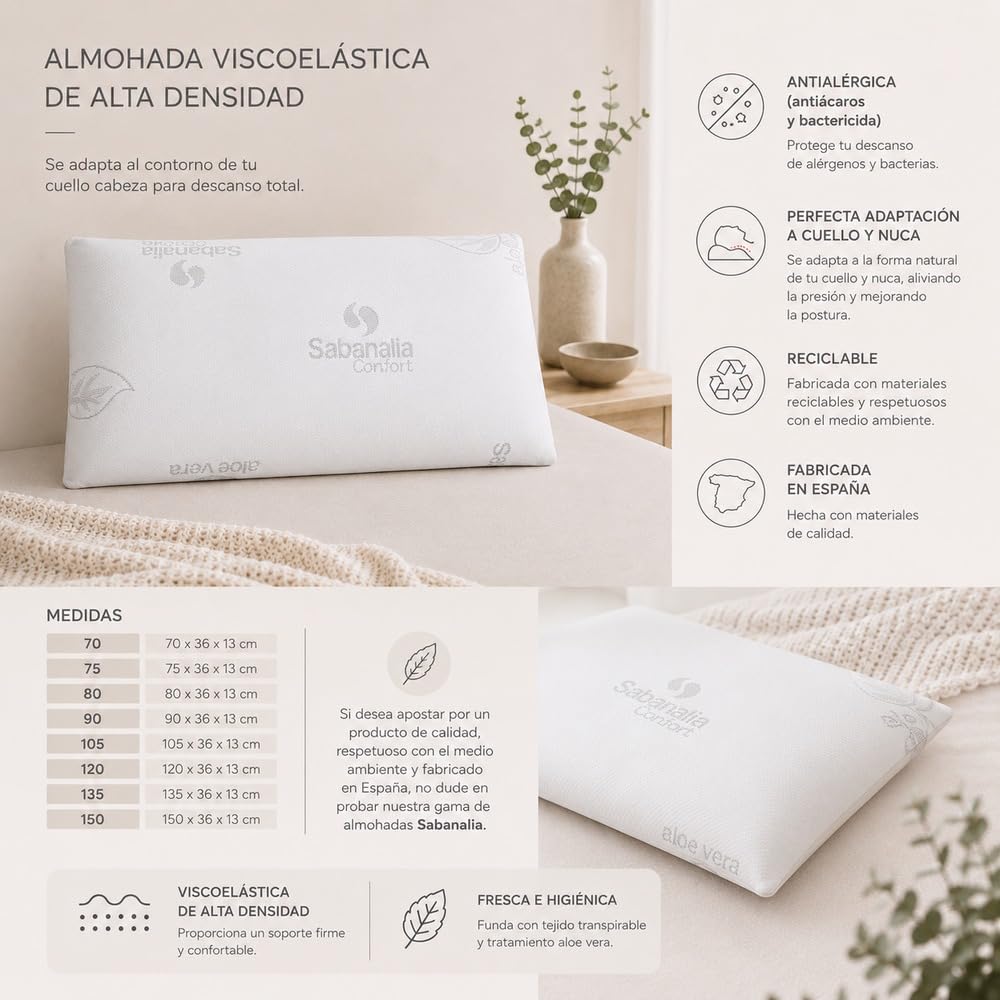 SABANALIA Pack 2 Almohadas Viscoelásticas Aloe Vera Cama 75 | Doble funda: exterior Aloe Vera con cremallera + interior protectora. Altura 14 cm. Medida 75x40 cm.