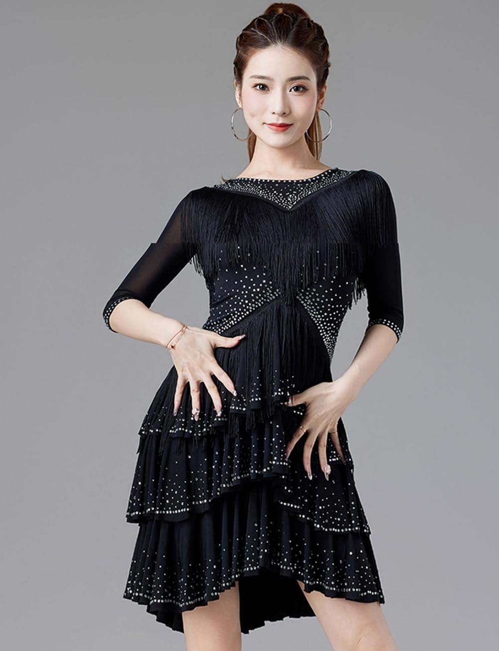 LNIGHT] ラテンドレス 社交ダンス 練習着 ラインストーン フリル