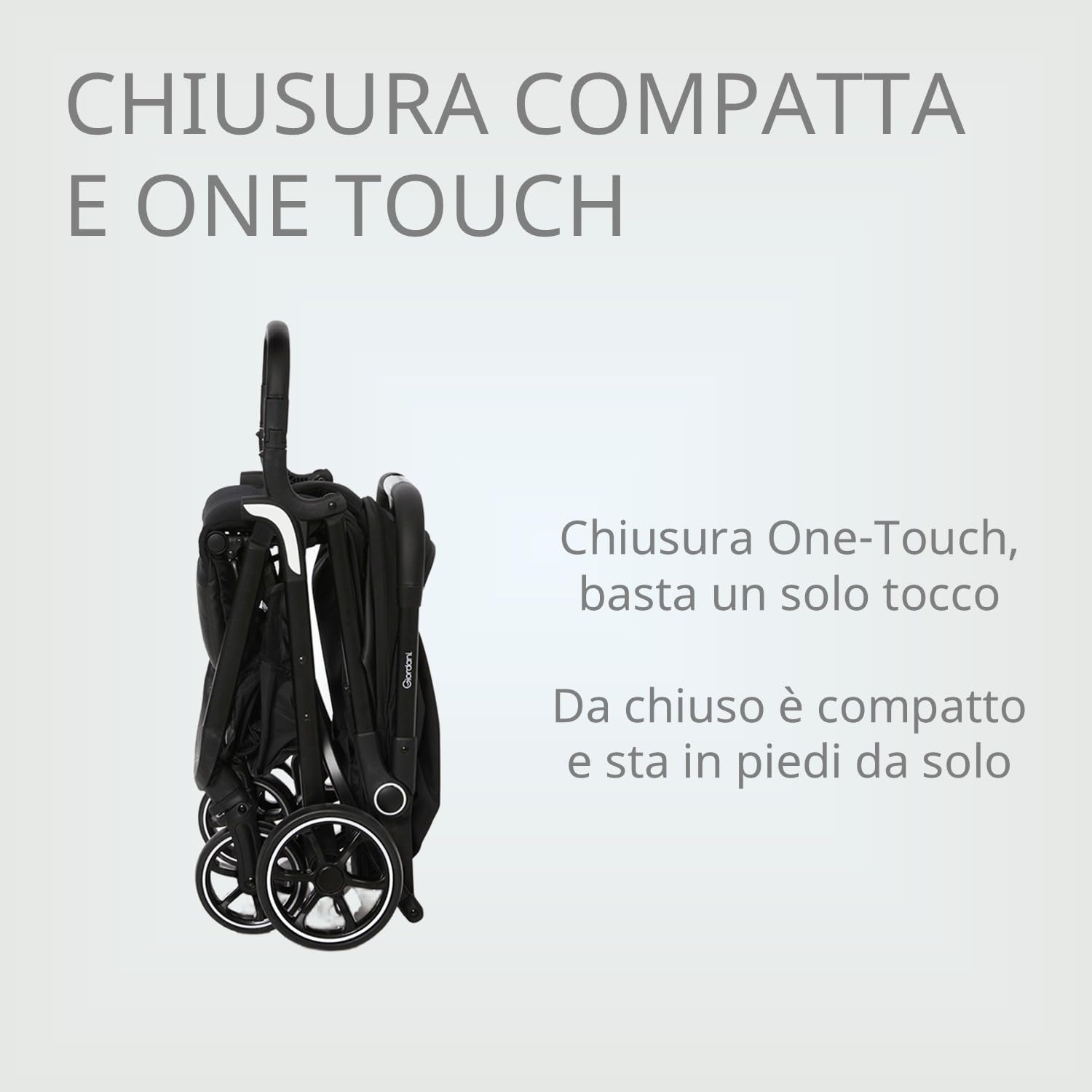 Giordani G-Touch Passeggino Leggero 6.9 kg, Chiusura Automatica One-Touch, da 0 Mesi a 22 kg,Seduta Imbottita, Ruote con Sospensioni e Dettagli in Ecopelle, Compatto e Salvaspazio, Nero