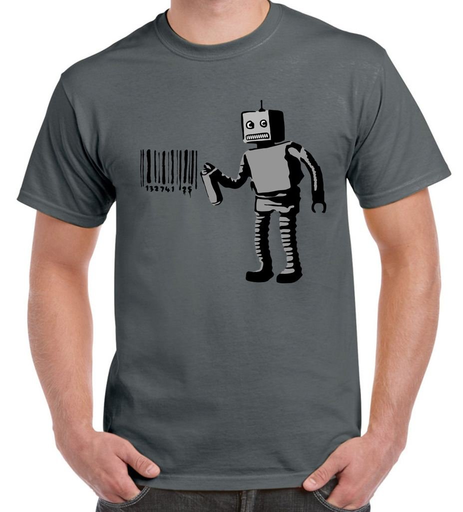 Tribal T-Shirts Men's Charcoal Grey Banksy Robot Barcode T-Shirt (Large, )