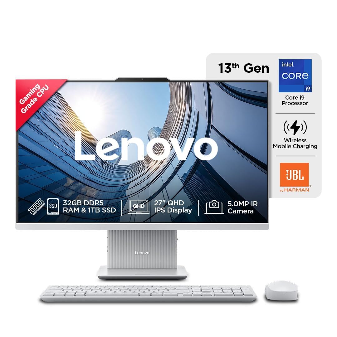 Lenovo IdeaCentre AIO 13th Gen Core i9-13900H 27" QHD IPS (32GB RAM/1TB SSD/Windows11/Office 24/3Wx2 Harman Speakers/Wireless EOS Keyboard & Mouse, Grey), F0HM00PQIN All-in-One Desktop