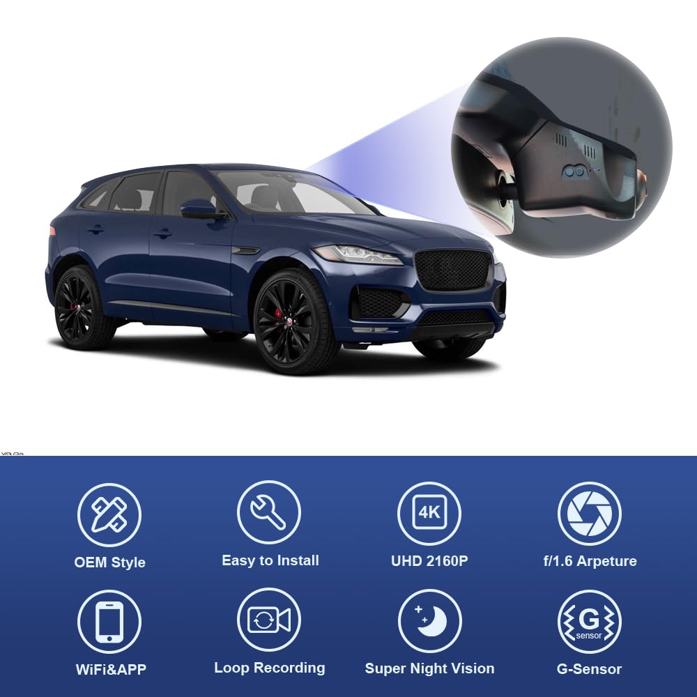 Fitcamx Dashcam 4K Pasuje do Jaguara F-Pace 2017 2018 2019 2020 2021 2022 2023 S P400 (Model 6053/X761), OEM kamera samochodowa UHD 2160P wideo WiFi, nagrywanie pętli, czujnik G, łatwy w użyciu, karta 64GB