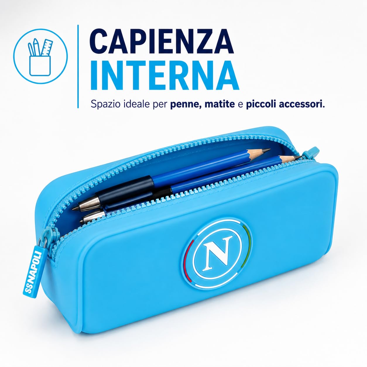 Colourbook Astuccio SSC Napoli Azzurro Silicone Lavabile Portapenne Scuola Logo 3D Zip Gadget Calcio 19,5x7x5,5 cm