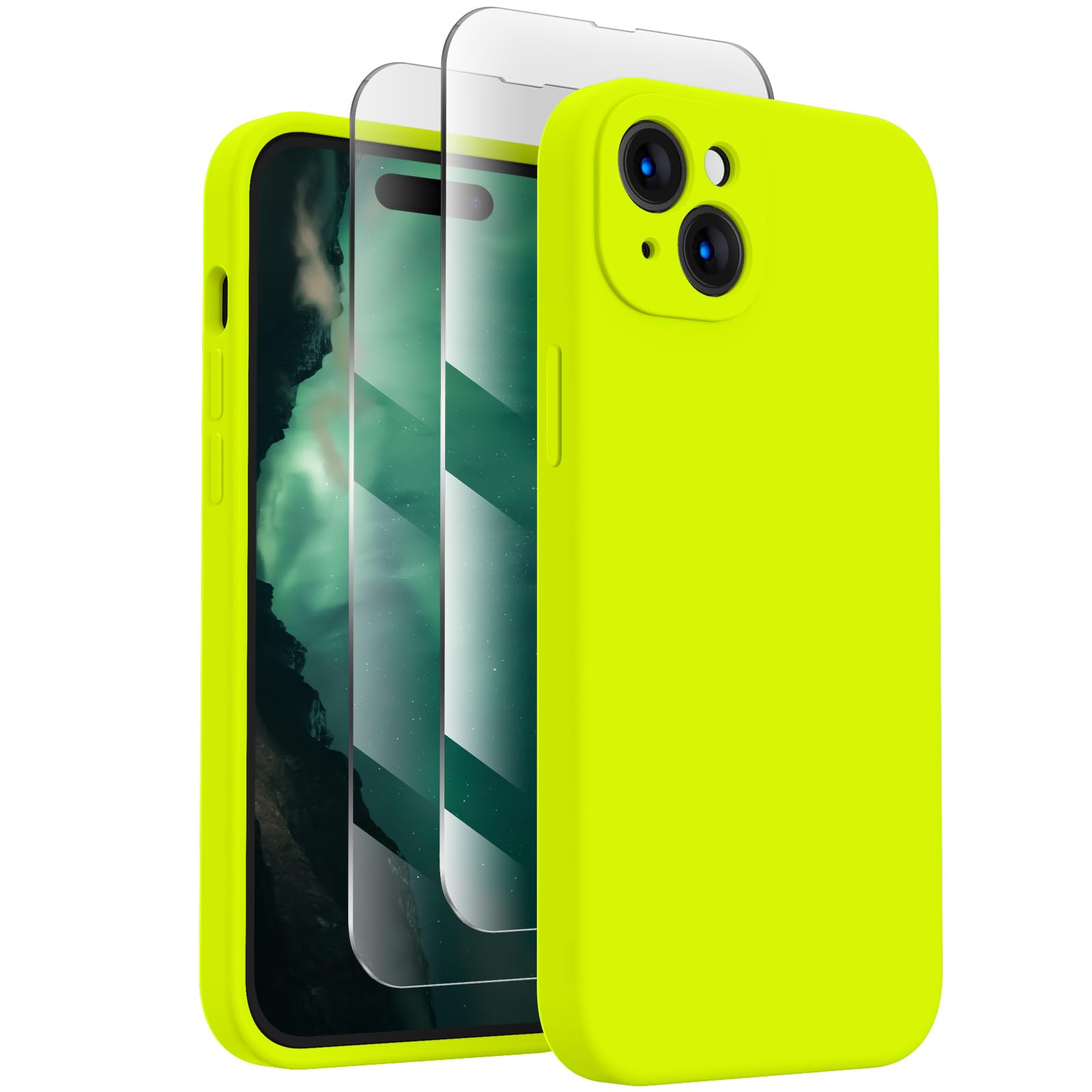 FireNova Designed for iPhone 15 Plus Case, Silicone [Camera Protection] Case with [2 Screen Protectors], Soft Anti-Scratch Microfiber Lining Inside, 6.7 inch, Fluorescent Green