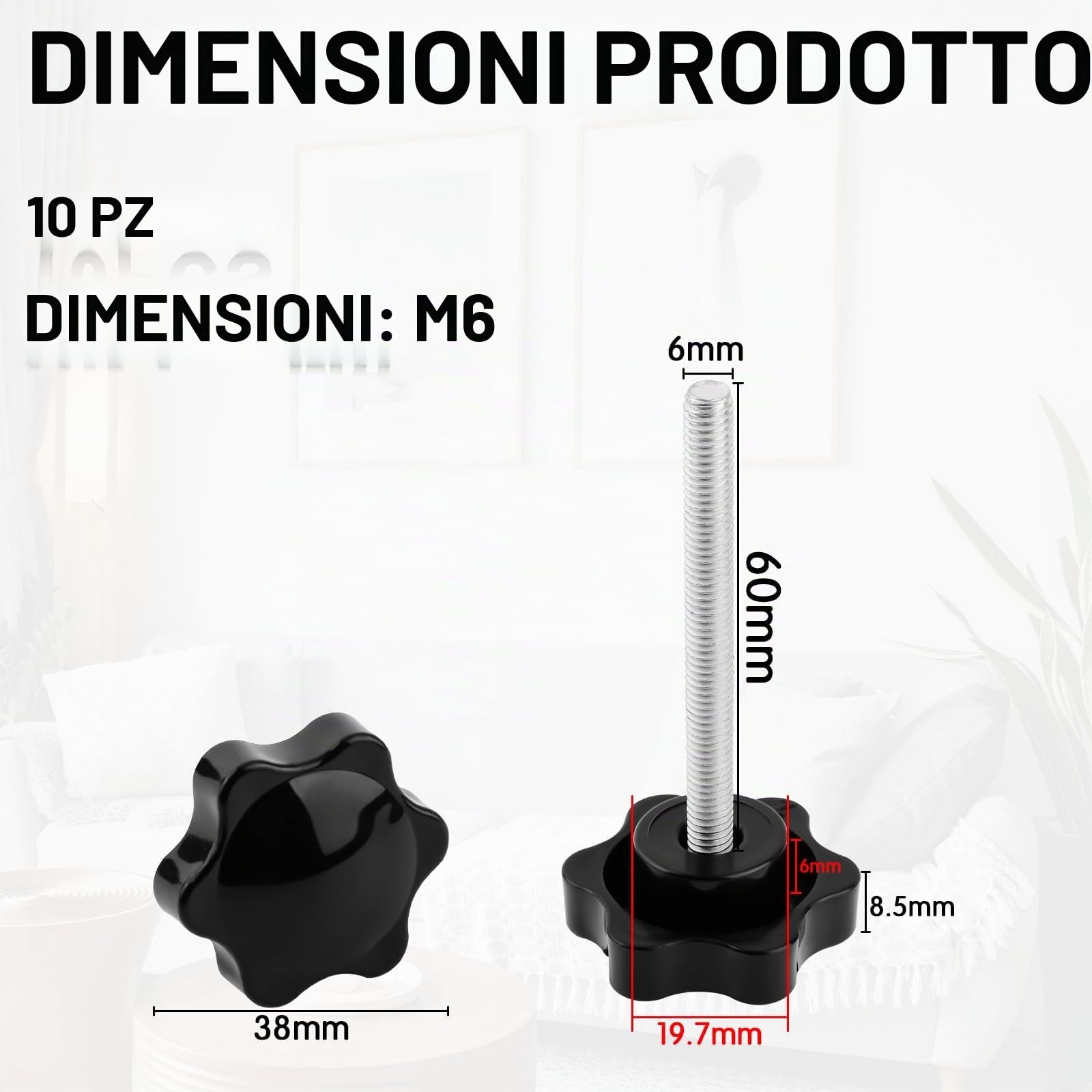 10 pezzi Viti con testa zigrinata a forma di stella M6 x 50mm Filettatura 60mm Dia Esagonale A Forma Stella Vite Bloccaggio Pomello Manopole per attrezzature industriali