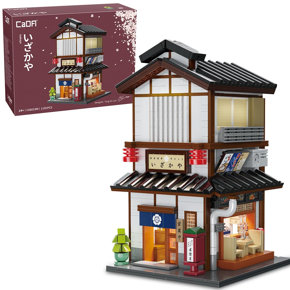 CaDA Master C66019W Japanese Style Yakitori Izakaya House Building Set, fully assembled with lights on.