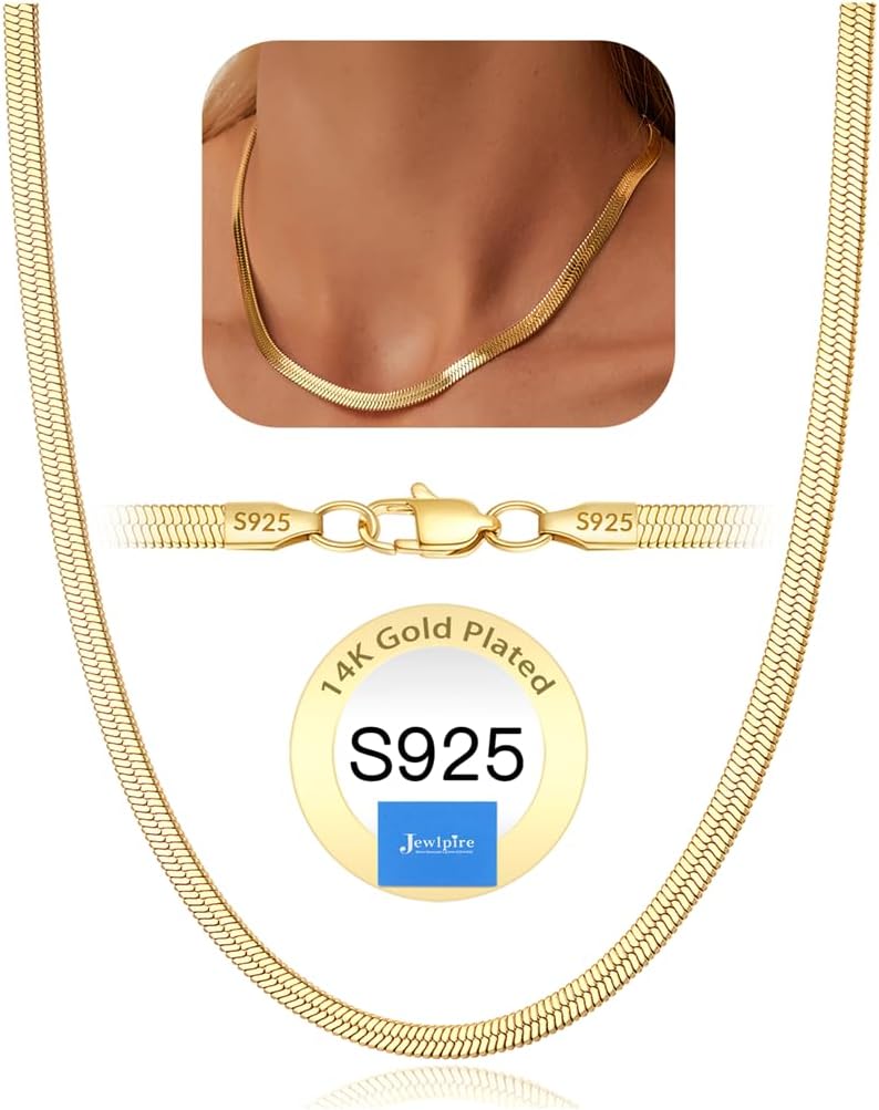 Jewlpire 18K Gold Plated 925 Sterling Silver Rope/Cuban/Paperclip/Herringbone Chain Necklaces for Women, Hypoallergenic Women's Chain Necklaces 16+3 Inch
