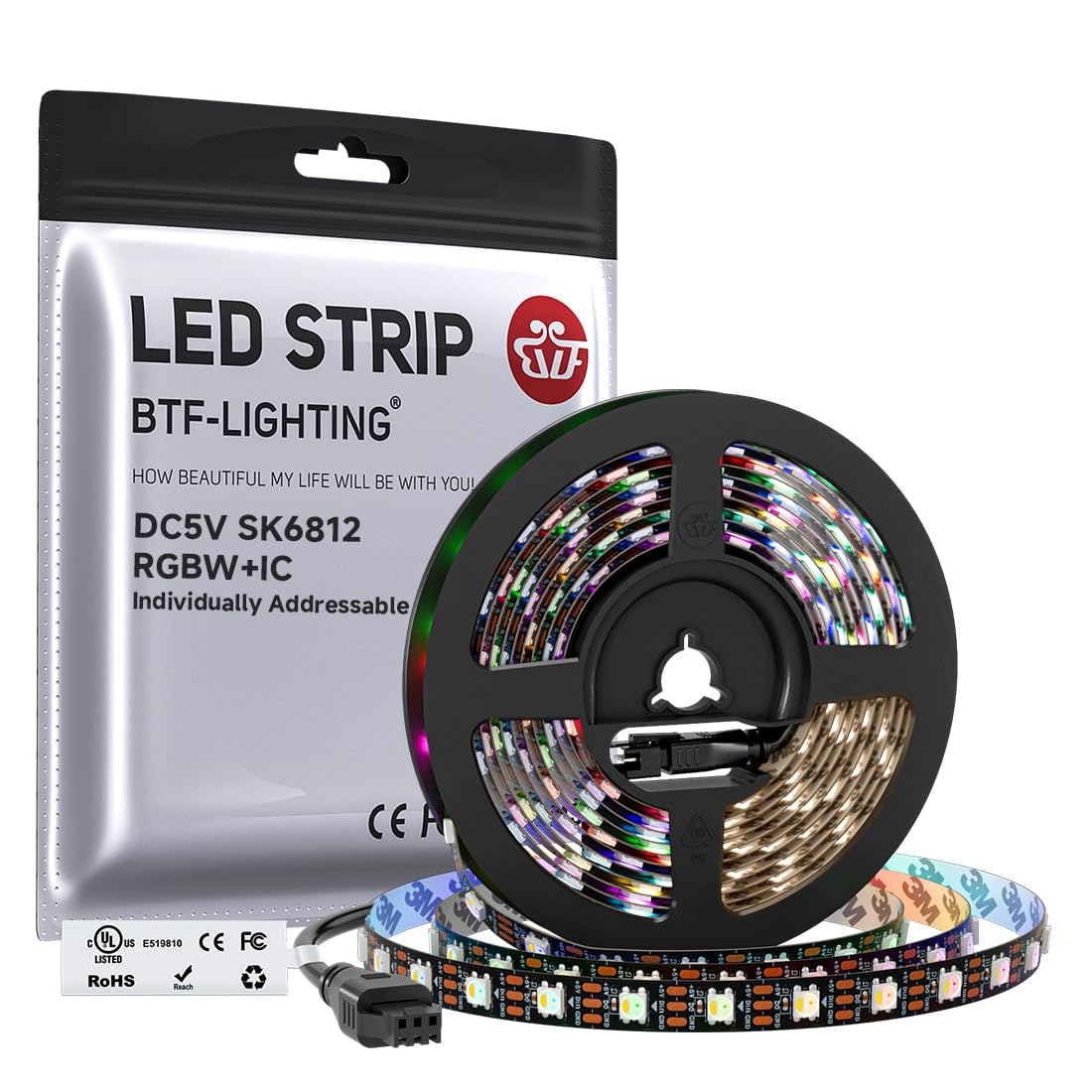 BTF-LIGHTING SK6812RGBW(WS2812B RGBW) RGB+Blanc naturel 4 couleurs dans 1 LED individuellement adressable 5m 60LED/pixels/m Flexible Dream Color Bande LED IP30 Non-étanche DC5V noir PCB