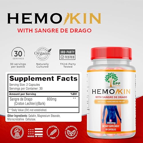 Miniatura 6 de HEMOKIN con Sangre de Drago - Suplemento para aliviar las hemorroides y fisuras, ayuda con picazón, hinchazón, alivio del dolor (60 cápsulas) (1)
