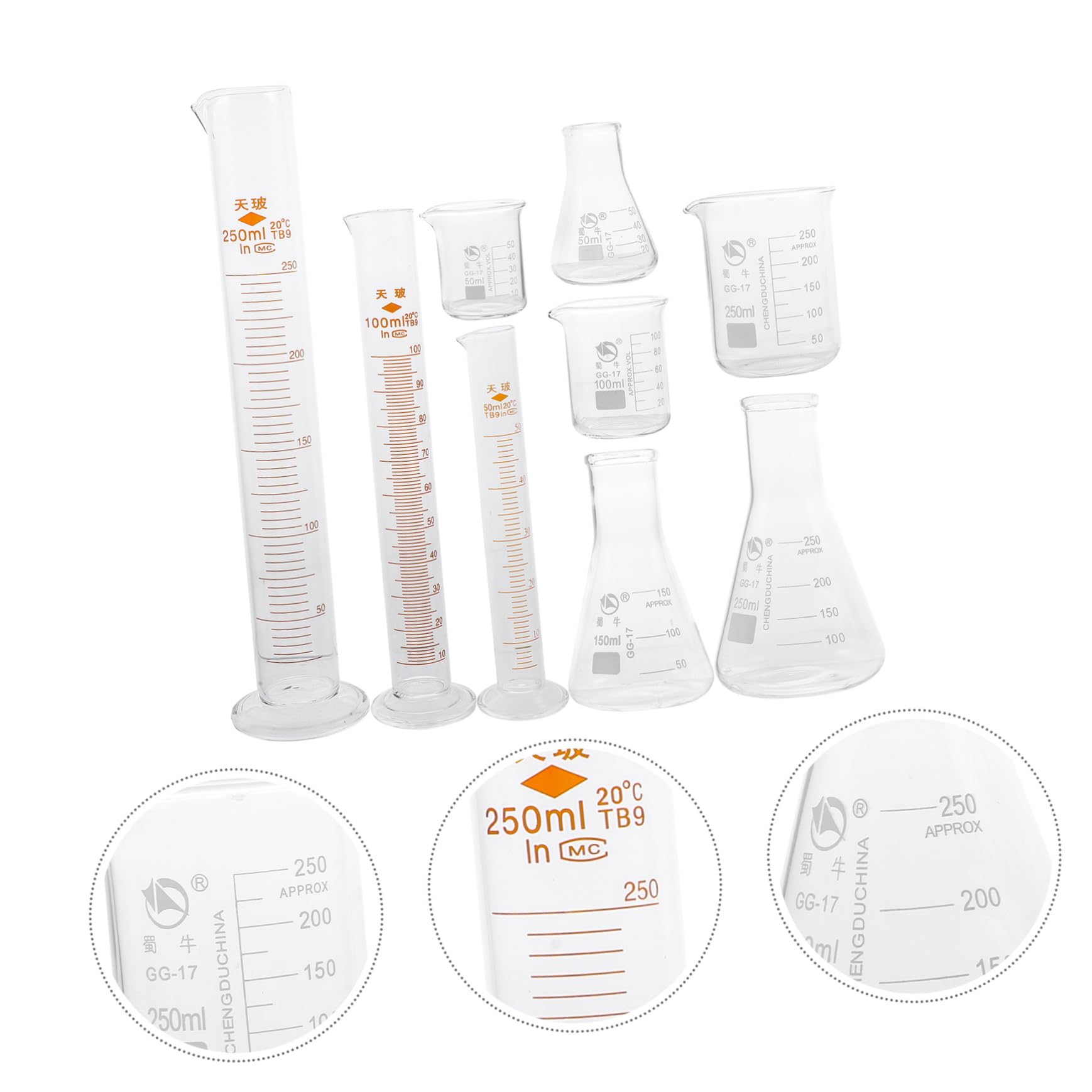 Unomor Chemistry Lab Tool Kit 9pcs Glass Beakers Graduated Cylinders Conical Flasks Measuring Cups Set Smooth Finish for Easy Use in School Experiments