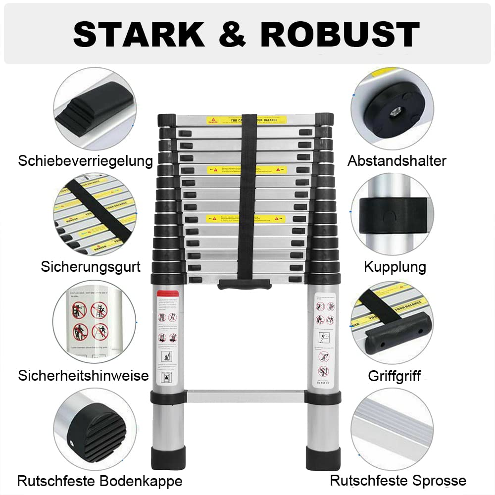 Klappleiter Ausziehbar 1,9+1,9m, Klappbar Teleskopleiter Rutschfester Aluminium Ausziehleiter Stehleiter A-Rahmen 6+6 Sprossen Tragbare Mehrzweckleiter 150 kg Tragkraft
