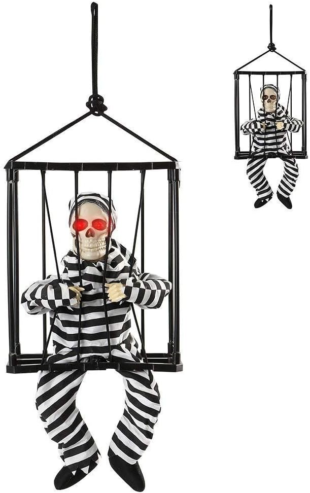 Wrightus Animated Halloween Props Scary Hanging Skull Ghost Decorations Skeleton Prisoner with Sound and Glowing Red Eyes Fanny Toys for Kids Gift Party Supply Decor