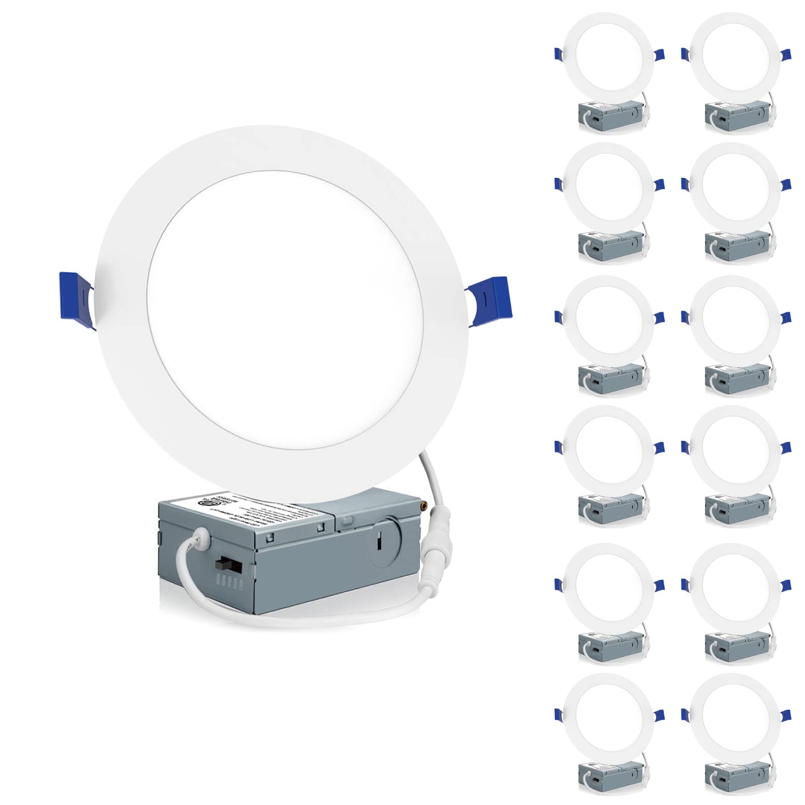 Meconard 12 Pack 6 Inch LED Recessed Ceiling Light, 2700K/3000K/3500K/4000K/5000K Selectable, Dimmable 12W=110W, 1050LM, IC Rated Can-Killer Downlights with Junction Box, ETL and Energy Star Listed