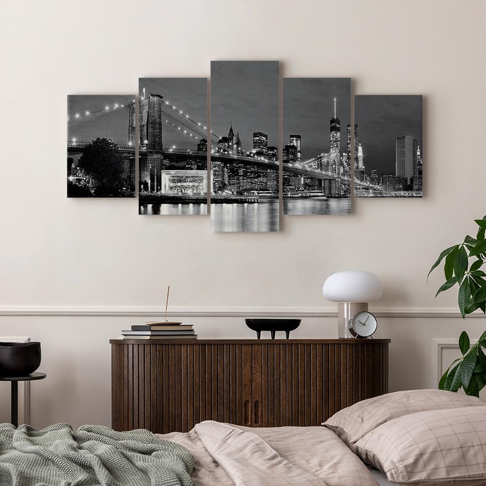 B&D XXL - Quadro New York 225x112 cm 5 Pezzi - Stampa su Tela Canvas con Struttura - Quadri Componibili Moderni Soggiorno Grandi - Murale Arte Decorazioni da Parete Decori - Città 030202-12