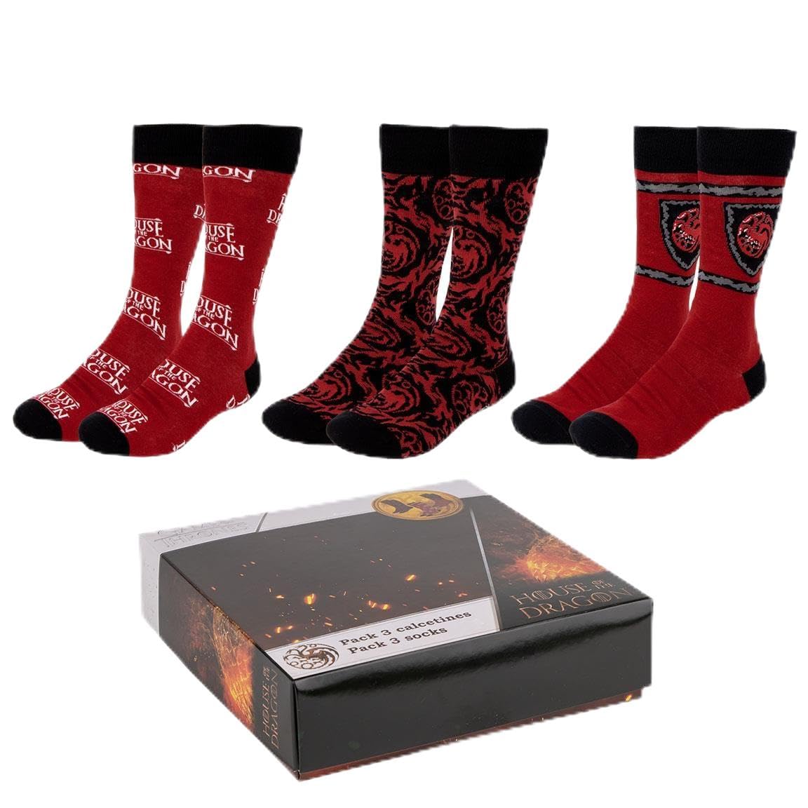 House of the Dragon Socks Pack - Red, Black and White - 3 Pairs - UK Size 6.5 to 11 - Long Socks Made of Cotton, Polyamide and Elastane - Original Product Designed in Spain