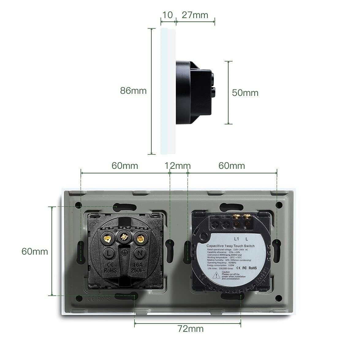 Interruptor de luz táctil inteligente, Panel de vidrio con enchufe de 2 vías y 1 unidad, 157mm(Gold)