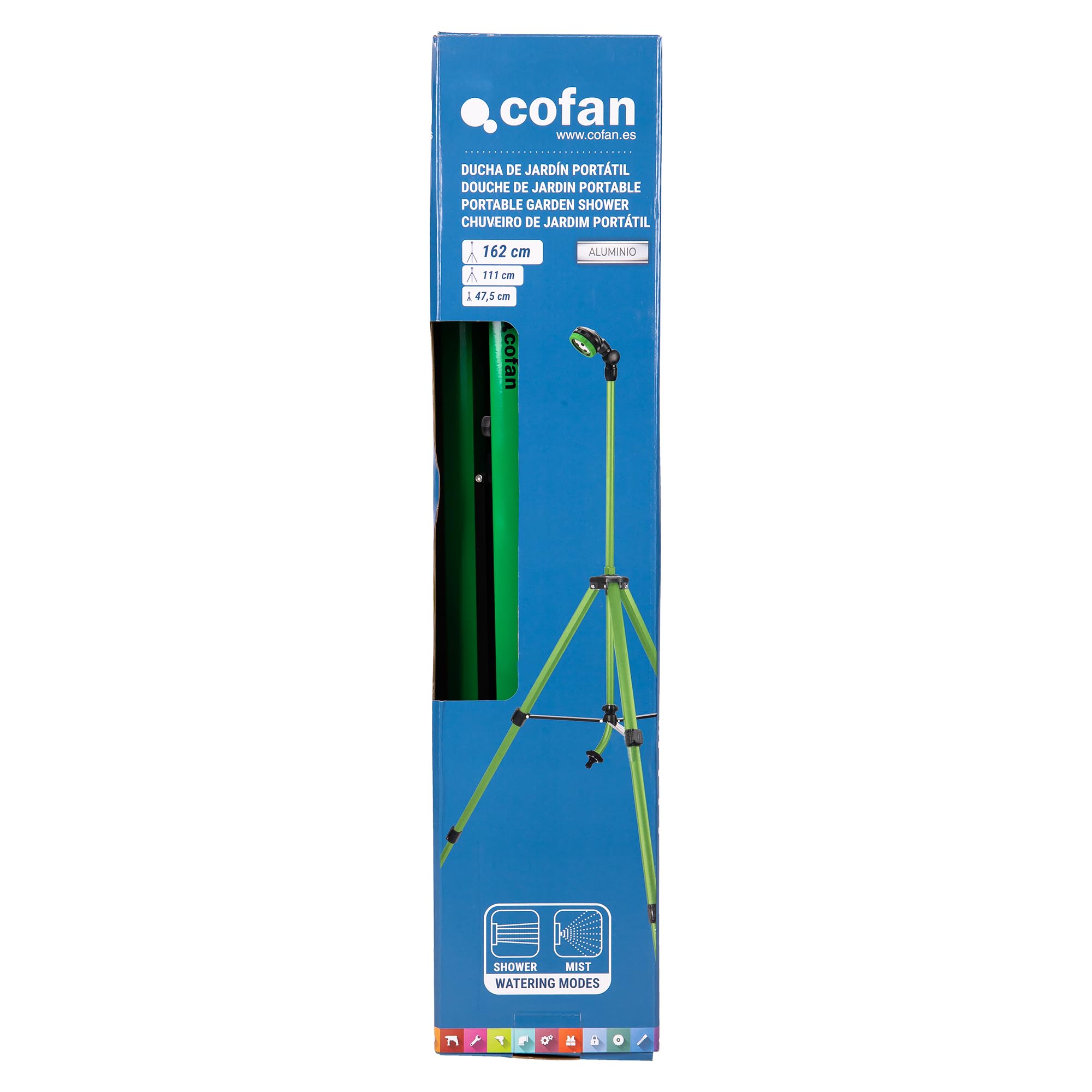 Cofan Ducha de jardín con Altura Ajustable | Trípode de Aluminio | 2 Funciones: Ducha y nebulización | Conector Universal Incluido | Altura máxima: 162 cm y Ancho máximo: 92c m