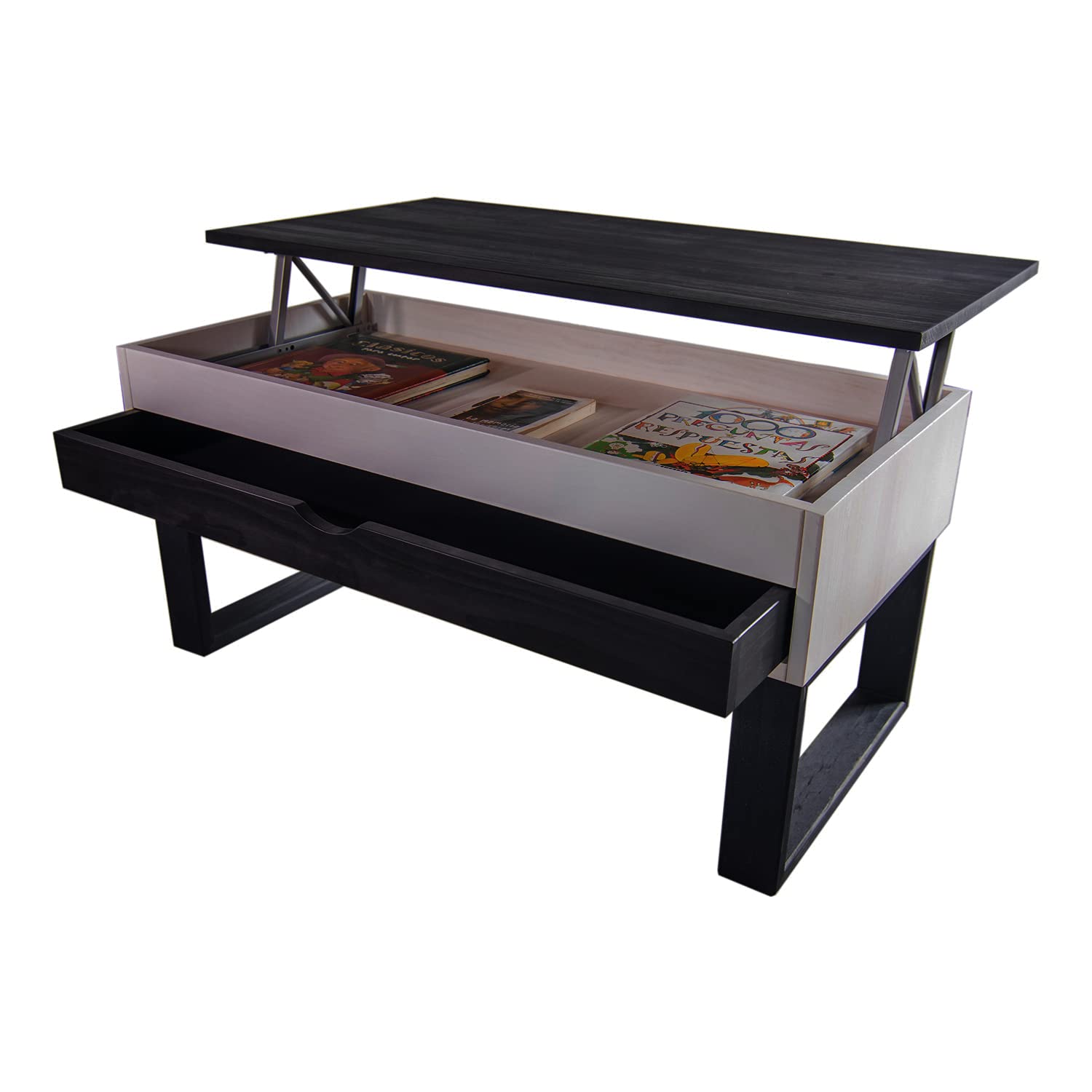 LoMasCasa - Tavolo da salotto da centro collezione Sonka sollevabile con cassetto scorrevole in legno naturale massiccio disponibile in bianco e nero - 100 x 50 x 48 cm