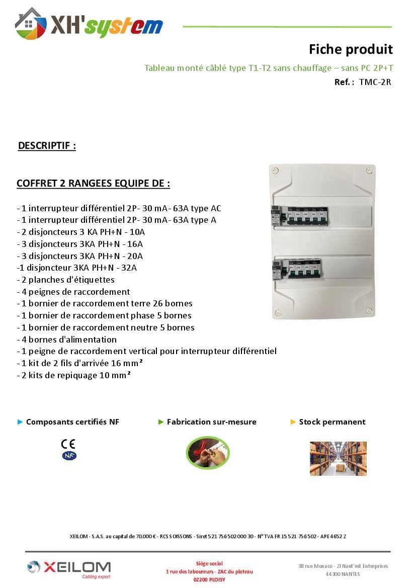 Tableau électrique pré-équipé et pré-câblé 2 rangées idéal T1-T2 avec 9 disjoncteurs et 2 interrupteurs différentiels (Sans prises)