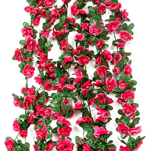 Garisey 6 pcs 48 FT Flower Garland Fake Rose Vine Artificial Flowers Hanging Rose Ivy Garland for Home Hotel Party Wedding Arch Decor (Rose Red)