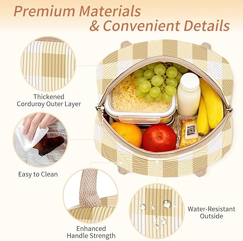 Miniatura 3 de Coobiiya Bolsa de almuerzo para mujeres y hombres, lindas bolsas de almuerzo de corduroy con aislamiento térmico reutilizables, bolsa de almuerzo de