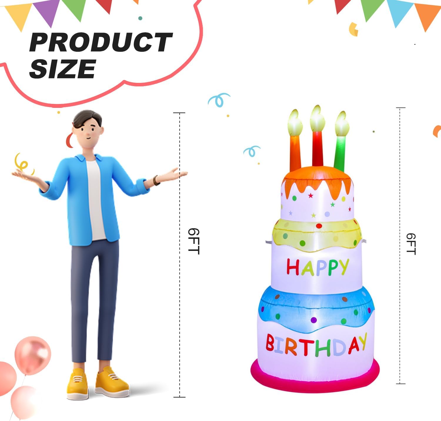 6ft Birthday Cake Party Outdoor Inflatable Decoration, Outdoor Inflatable Decoration with LDE Lights, Birthday Inflatable Decoration for Garden, Patio, Lawn