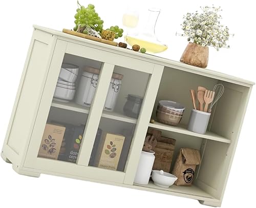 Miniatura 5 de Safeplus Aparador compacto para bufé, versátil armario de almacenamiento de cocina con elegantes puertas corredizas de vidrio, estante ajustable,
