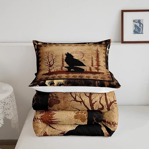 Feelyou Cute Wolf Comforter Set For Girls Boys Kids Wolves Howling Bedding Set Room Decorative Animal Wolves Tree Pattern Bedding Set Exotic Style Brown Black Duvet Set King Size 3Pcs Quilt Set #TOP4