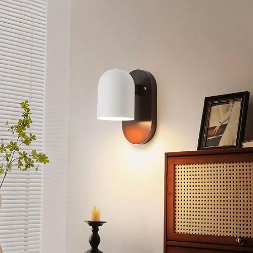 Miniatura 5 de Aplique de pared vintage de madera y metal blanco con cable E26E27, base para sala de estar, dormitorio, iluminación de noche