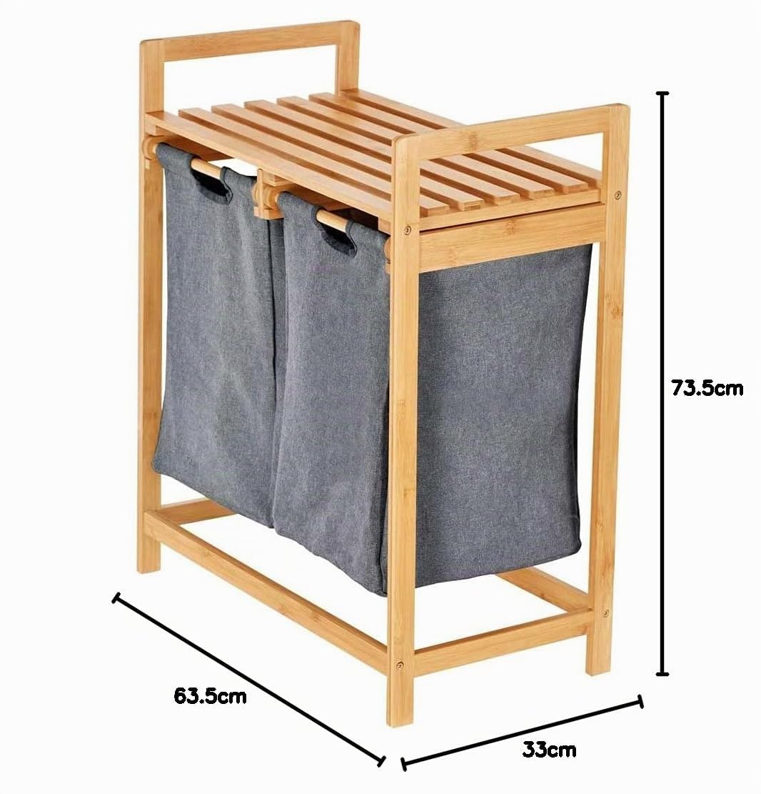 BAKAJI Cesto Porta Biancheria Sporca Casa Struttura in Legno di bambù con 2 Scomparti Portabiancheria Estraibili in Tessuto + Mensola Portasciugamani Dimensione 73.5 x 63.5 x 33 cm Design Moderno