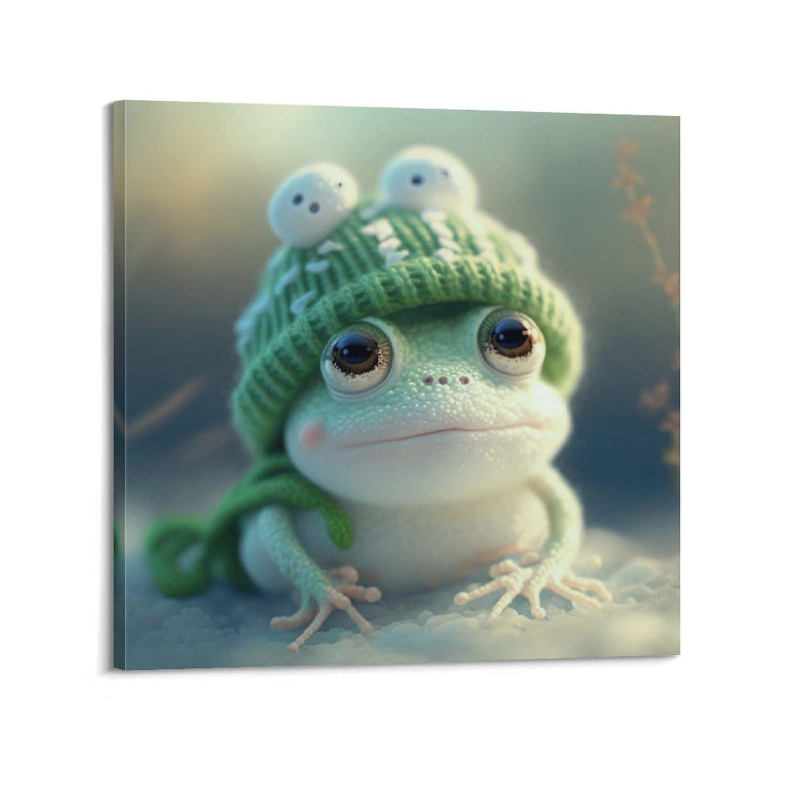 Xkuga Boys Frame-Style Cartoon Animal Poster Wildlife Vintage Cute Frog Knitted Hat Modern Decorative Canvas Prints - Ideal Wall Art For Family, Man Cave, Game Room, & Girls Bedroom 12X12inch(30X30cm)