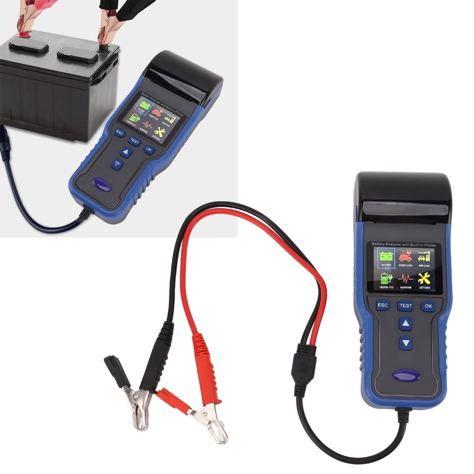 Tester per Batterie per Auto 12V 24V con Stampante Integrata – Supporto Multi-chimico per Batterie AGM EFB Start-Stop – Resistenza Interna e Analisi CCA – Test Sicuro Kelvin a 4 Fili