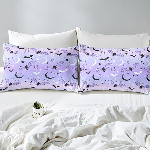 Miniatura 4 de Juego de funda de edredón de Halloween, sábana bajera ajustable de arcoíris para niños y niños, diseño de murciélago, luna y estrella, juego de