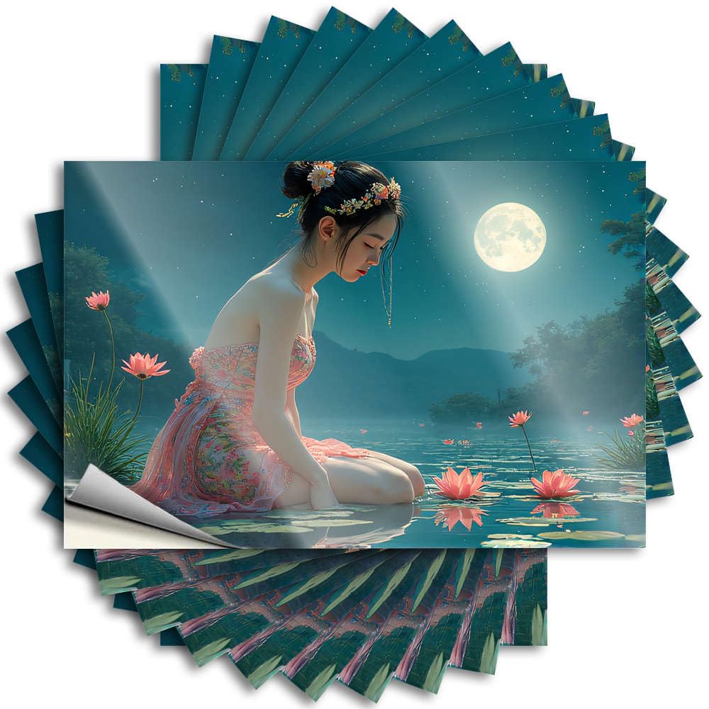 Fzfn Men's Colour Cave Decor, Decals Alcohol Cover A Woman In A Floral Dress Kneels By A Moonlit Pond With Lotus Flowers | Southern Waterproof Vinyl Stickers(6X9cm)