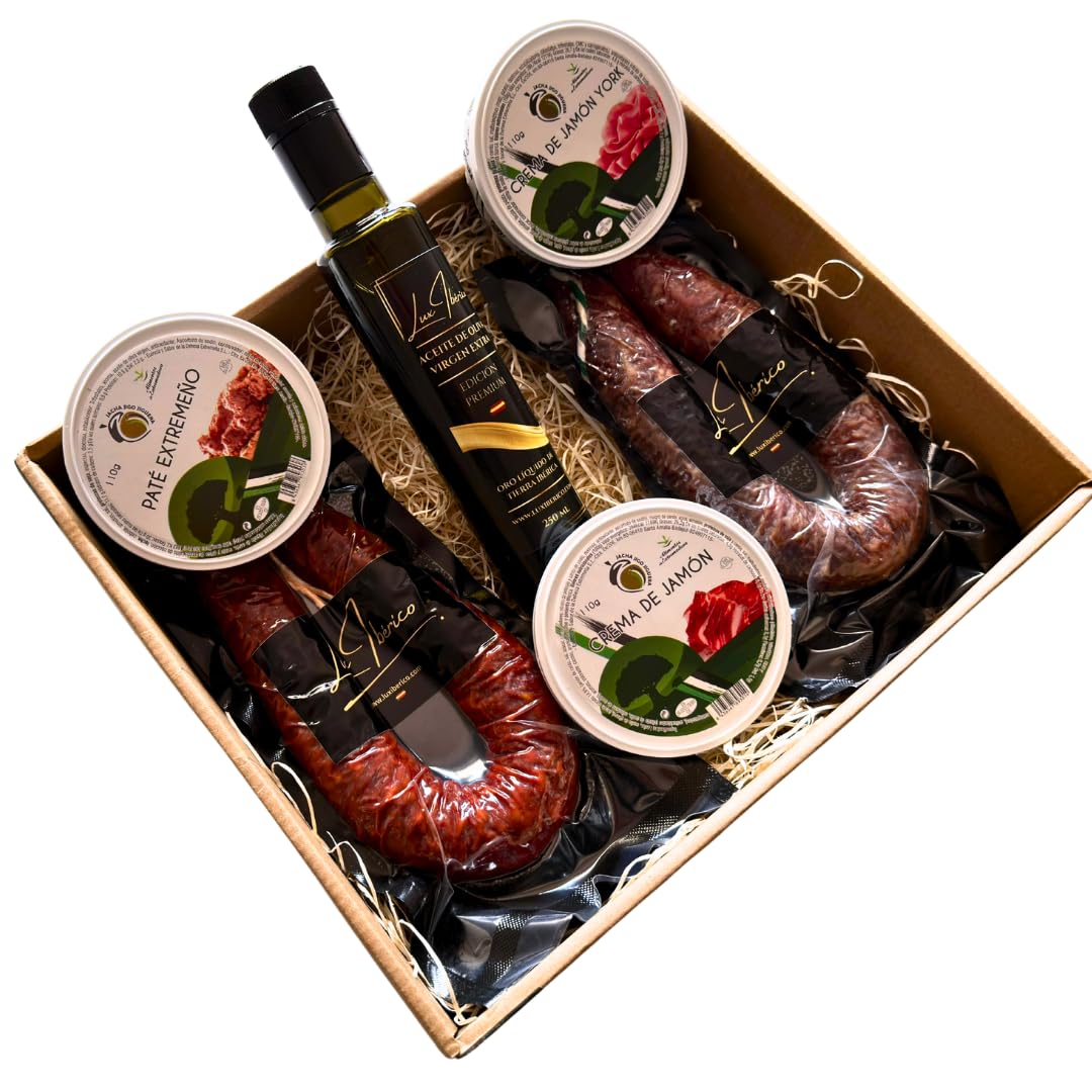 Cesta Regalo Galileo - Embutidos, Patés Extremeños y Aceite de Oliva | Chorizo y salchichón ibérico, tres patés extremeños y aceite de oliva virgen extra. Aperitivo variado listo para regalar.