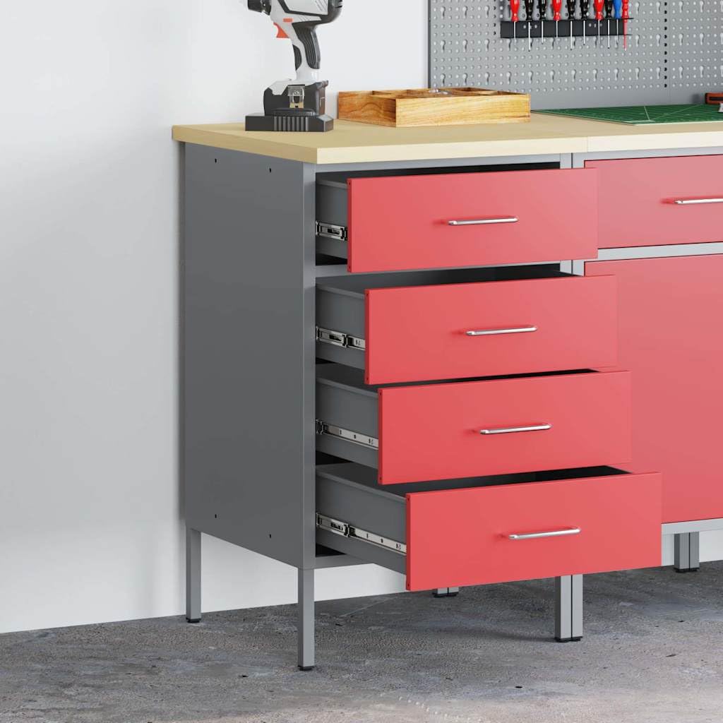 Banco de trabajo de ingenieros de madera y acero, 50 x 55 x 85 cm, con 4 cajones, diseño estable para taller, garaje y sala de hobby, superficie de metal resistente y tablero DM en color rojo