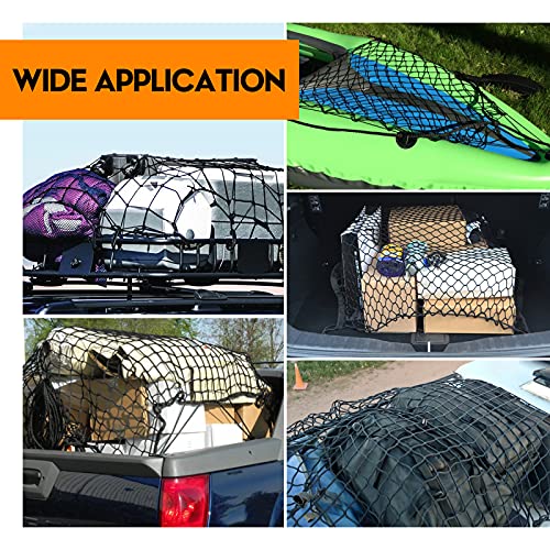 Image of 7' x 5' Heavy Duty Bungee Cord Cargo Net Stretches to 14' x 10'-Latex Truck Bed Mesh with 12Pcs Free Adjustable Hooks for Secure Carrying on Roof Luggage Rack,Cargo Carrier and Pickup Truck Bed